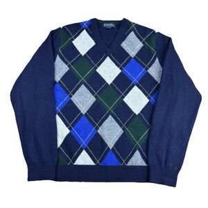 Brooks Brothers Scottish Lambswool Sweater Men's Large Blue Knit V-Neck Argyle